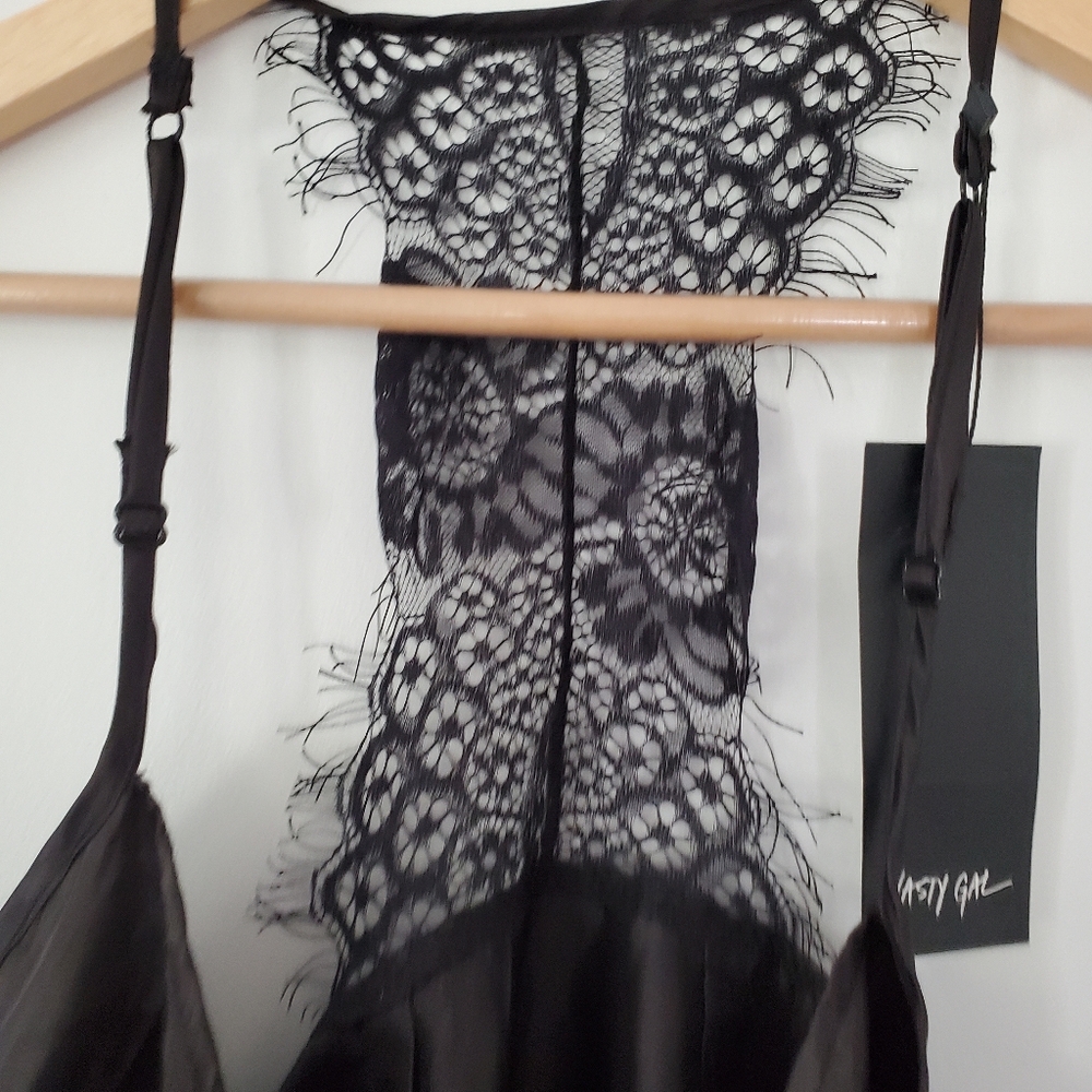 NWT NASTY GAL Sz M Black Silky Cami Top Spaghetti Straps Eyelash Lace T-Back Y2K - Picture 10 of 16